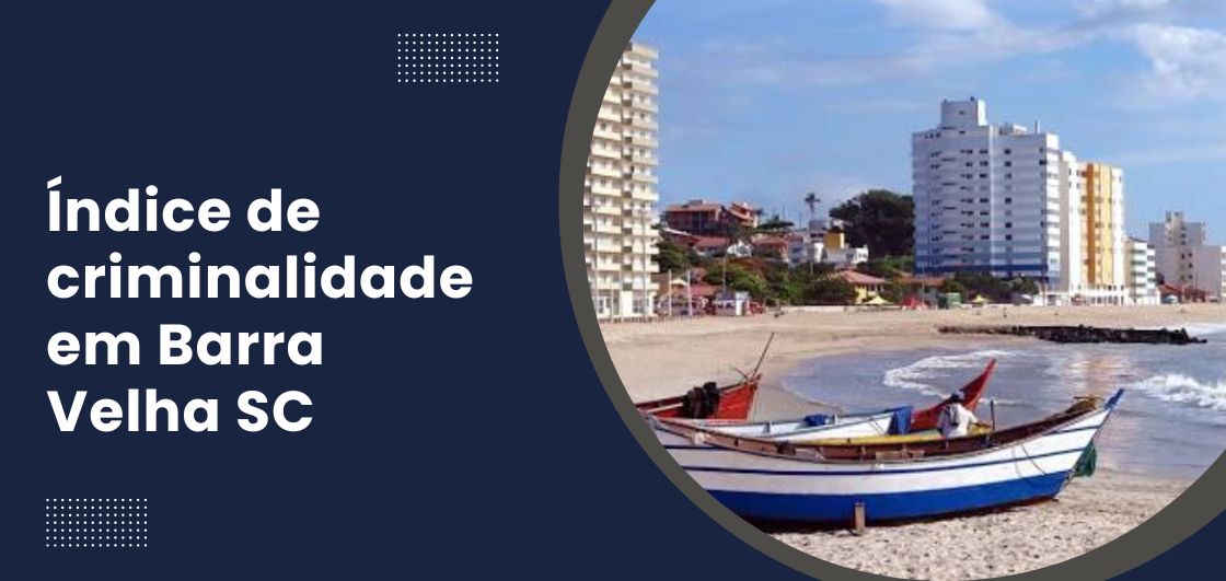 Banner informativo sobre o índice de criminalidade em Barra Velha SC, com imagem da orla e cenário urbano da cidade.